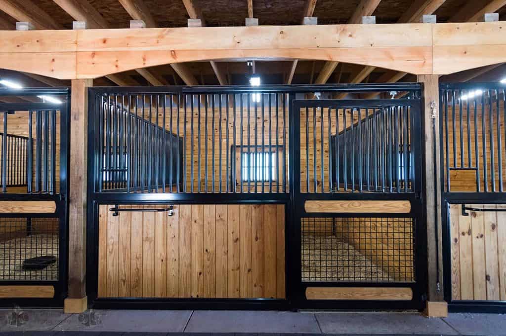 Sturdy black metal horse stall doors with wooden panels and a spacious interior.