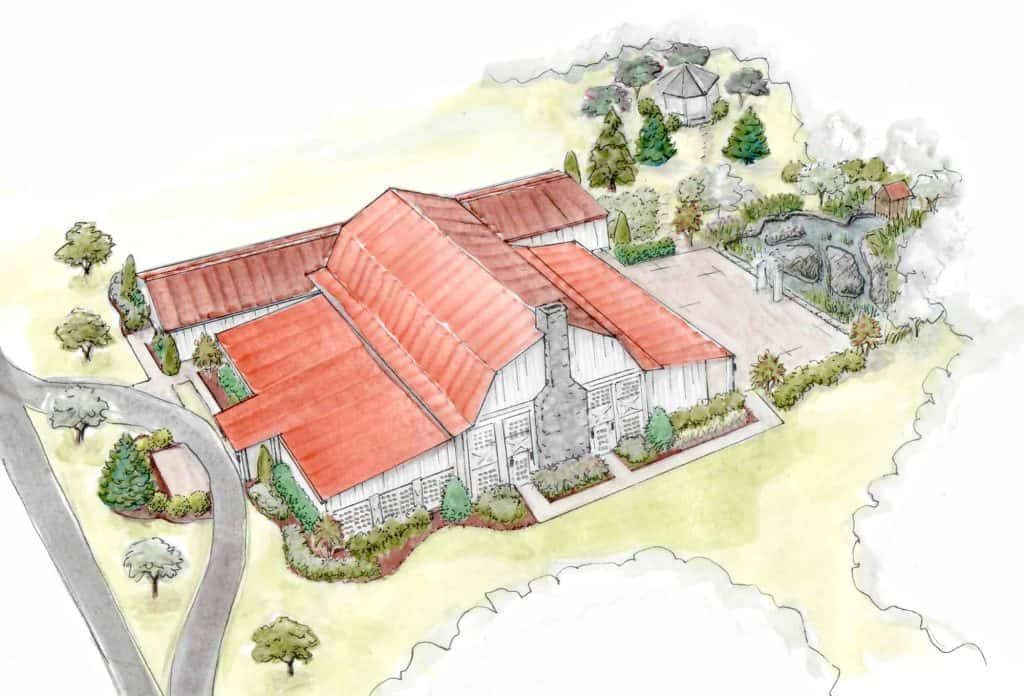 A watercolor illustration of a Craftsman-style home with red roofs, surrounded by lush landscaping and scenic views.