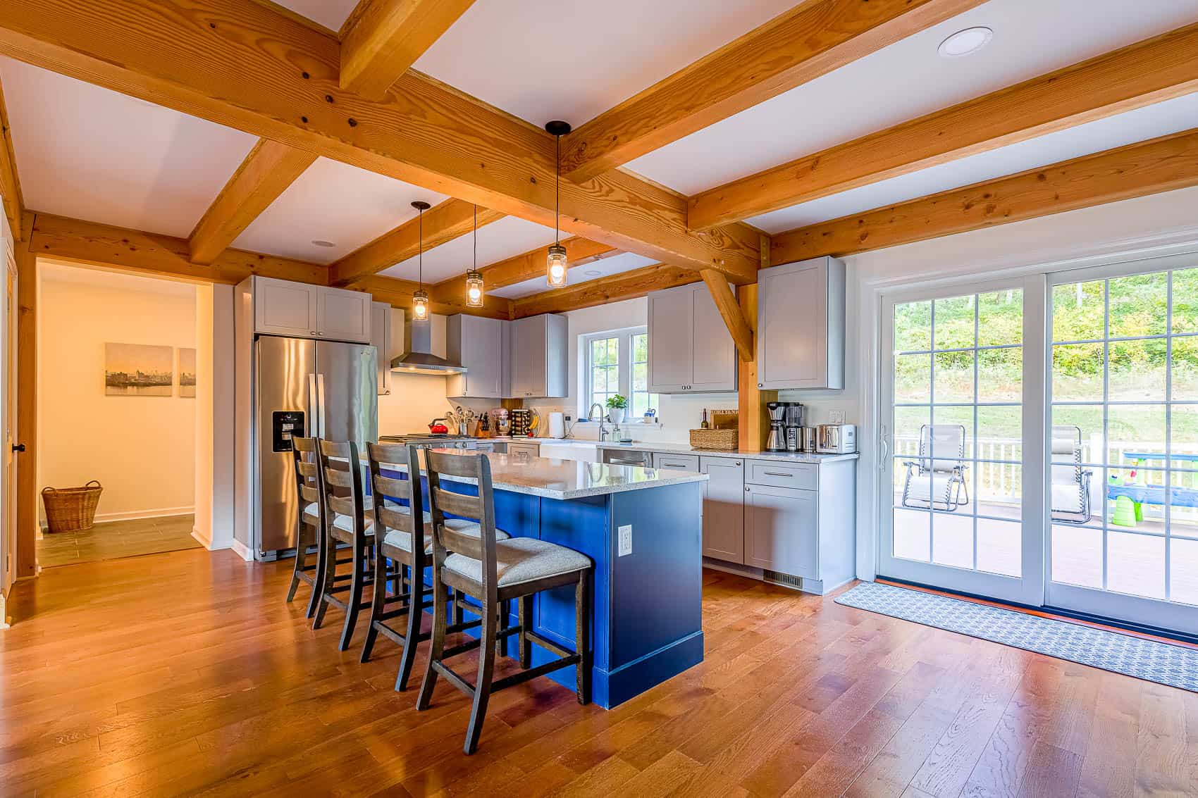 blue cabinets sliding doors mass timber