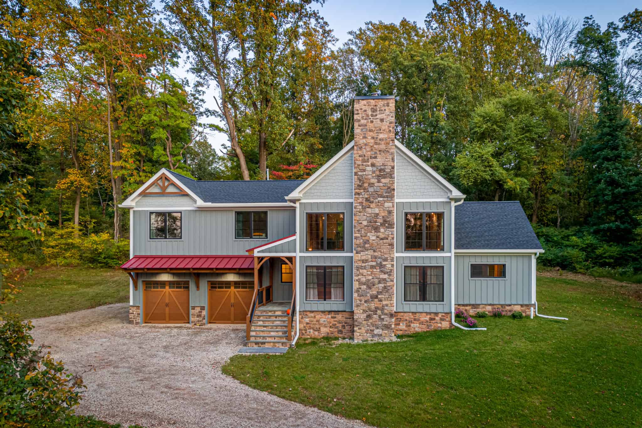 timber frame chimney red roof