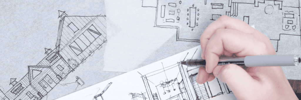 Detailed sketch of residential building designs and blueprint plans.