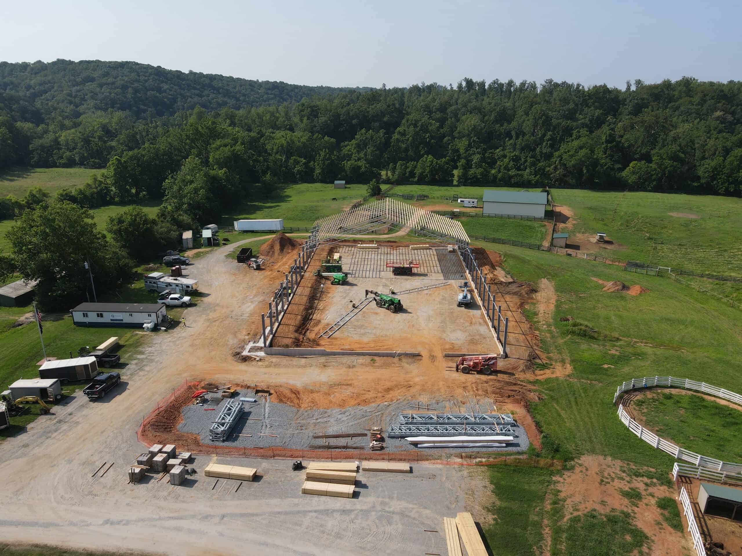 Barn and Indoor Arena Construction aerial view of indoor arena construction