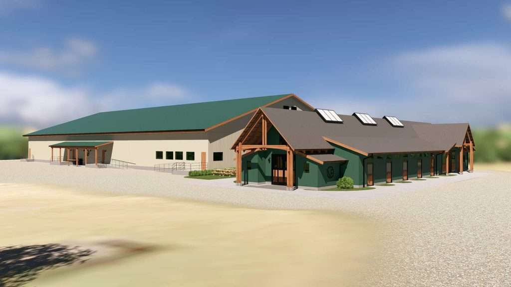 Spacious eco-friendly building with sustainable design, solar panels, and accessible features.