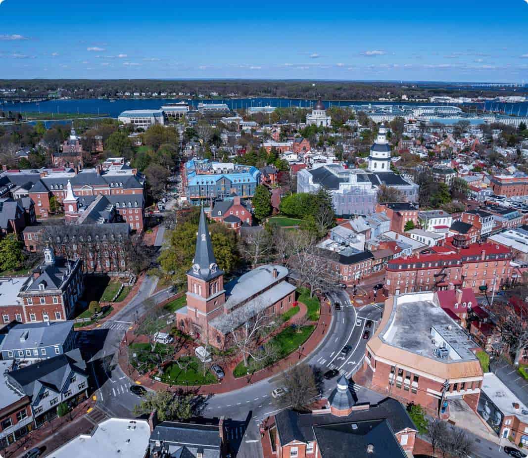 Aerial view of Downtown Lancaster focusing on Quarry View Building Group and surrounding historic buildings.