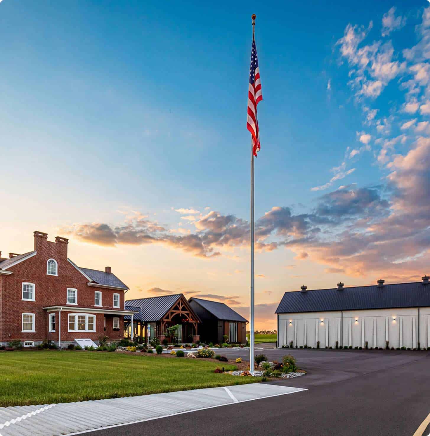 American flag flying over custom-built office and industrial spaces.