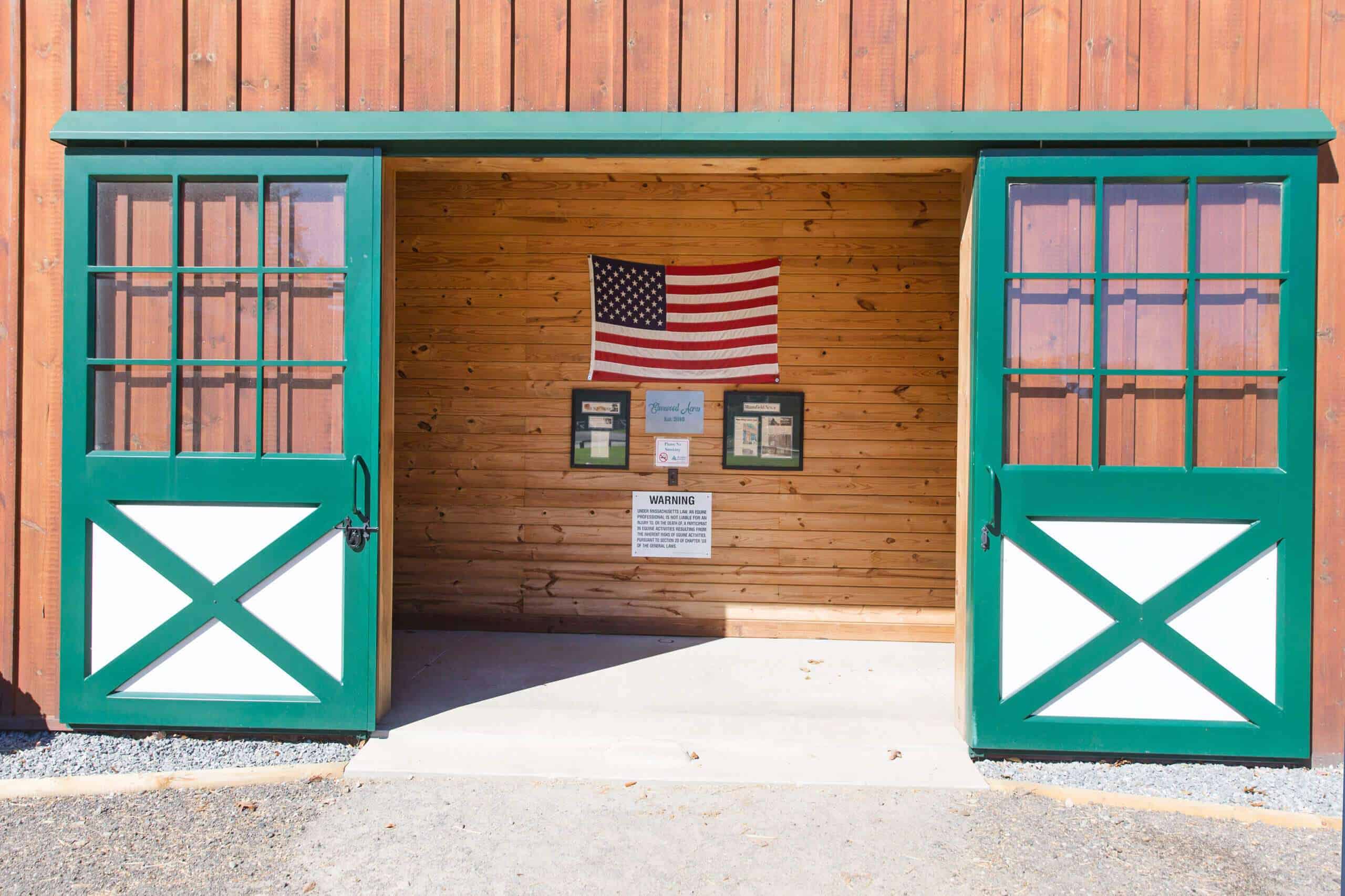 Beautiful green wooden barn doors with glass windows, perfect for rustic homes or commercial venues.
