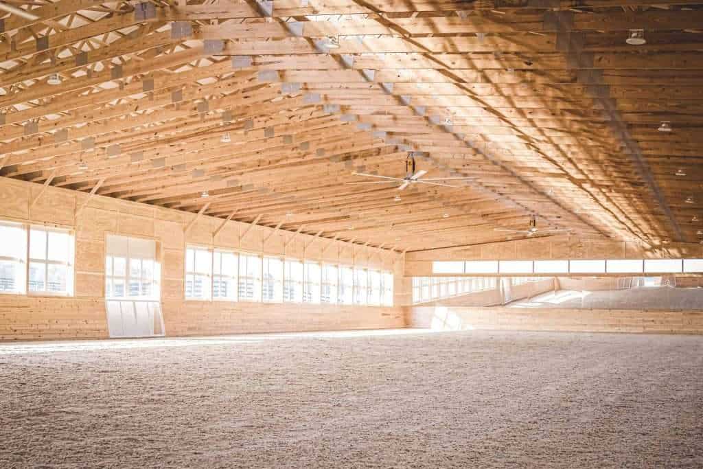 Bright indoor sports arena with high wooden ceiling and ample natural light. Perfect for equestrian and sporting events.