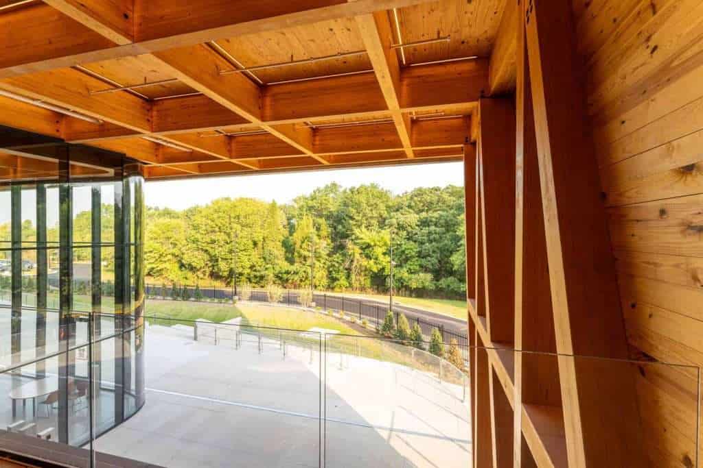 Bright, airy office space featuring natural wood finishes and large glass windows overlooking lush greenery.