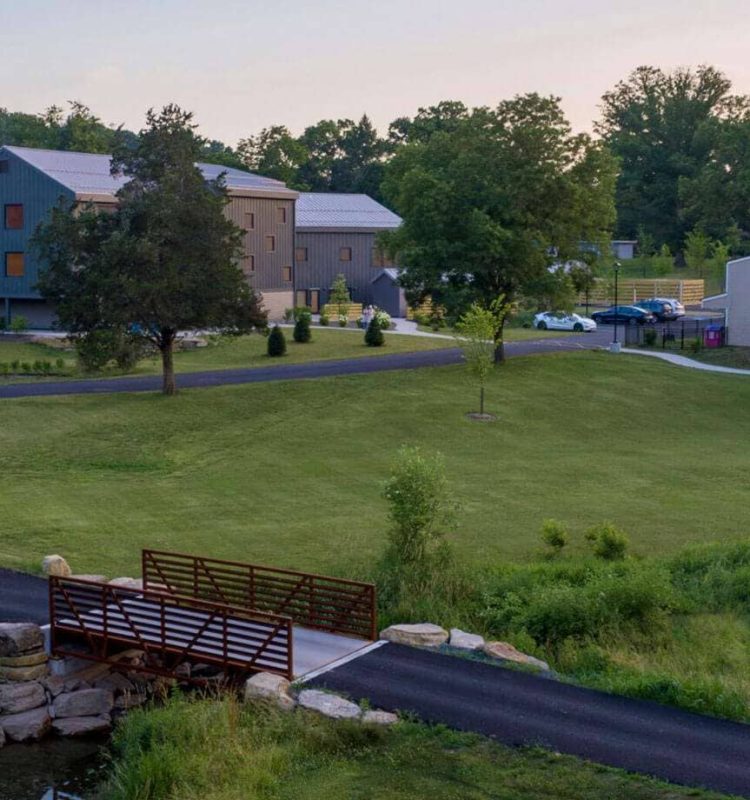 Beautiful aerial view of Quarry View Building Group's newly constructed office and retail spaces amidst lush greenery.